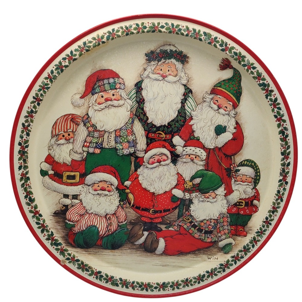 Santa Reunion Serving Tray Red Round‎ Christmas Metal Potpourri Design 1994